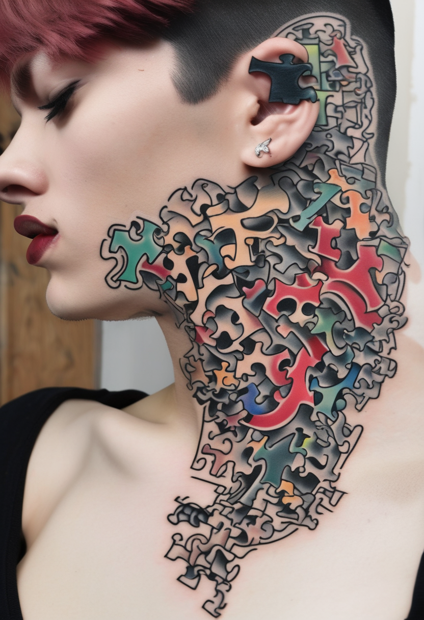 Cover the whole side of the neck puzzle piece tattoo where one of the pieces says Rella half sleeve tattoos for men, diseño de tatuaje Old school generado con IA